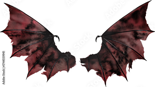 Pair of large dark red bat wings with black veins on transparent background