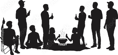 Silhouette of friends enjoying outdoor barbecue gathering with drinks, summer picnic scene showing relaxation, friendship, social celebration, and leisure time.