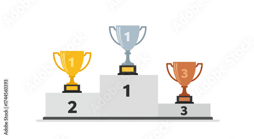 3level podium with gold silver bronze trophies marked 1 2  3
