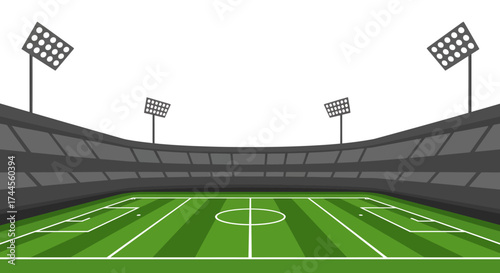 A cartoon stadium with a green field and tall floodlights