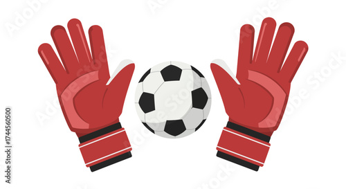 Gloves and a soccer ball red goalkeeper gloves positioned around a black and white soccer ball on a white background