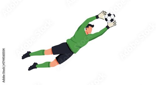 Goalkeeper leaps clutching a soccer ball clad in green jersey and dark shorts