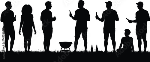 Silhouette of friends standing outdoors enjoying barbecue party, drinking and talking together, summer picnic gathering showing relaxation, fun, and friendship.