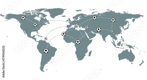 Gray world map with soccer balls marking locations and dashed lines connecting them