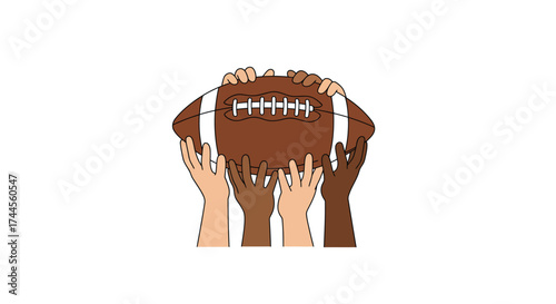 Illustrated hands of different skin tones hold a brown football with white stripes and laces