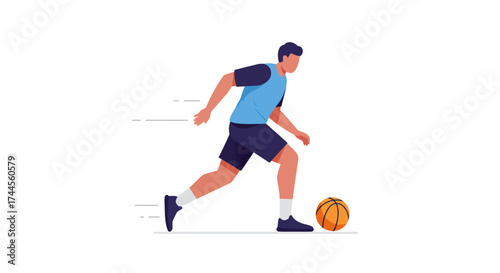 Man dribbling basketball with motion lines indicating speed