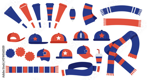 Red and blue sports fan gear megaphones hats scarves pomspoms and a drink