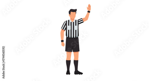 Referee stands raises hand wearing black and white striped shirt shorts socks and shoes