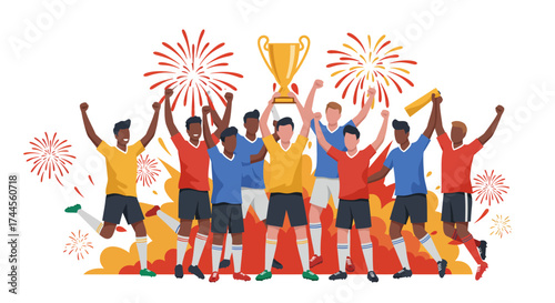 Winning soccer team cheers holding up a trophy with fireworks in the background