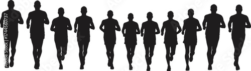 Silhouette of group of men running forward, athletic exercise motion, fitness training, healthy lifestyle, marathon sport activity illustration, endurance concept