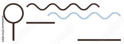 Magnifier beside curved and straight lines suggesting research, analysis, focus, and clarity. Ideal for discovery, investigation, creativity, simplicity problem-solving science minimalism. Simple