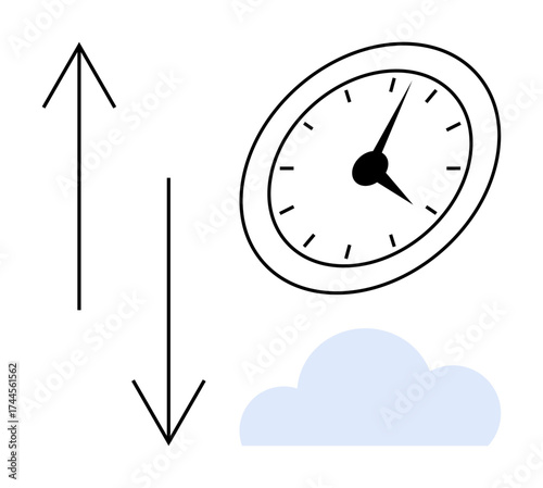 Clock, upward and downward arrows, and a cloud symbolizing time, progress, setbacks, and abstract concepts. Ideal for change, time management, direction decisions strategy growth simple flat