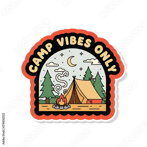 Camp vibes only illustration with tent campfire and trees isolated on transparent background