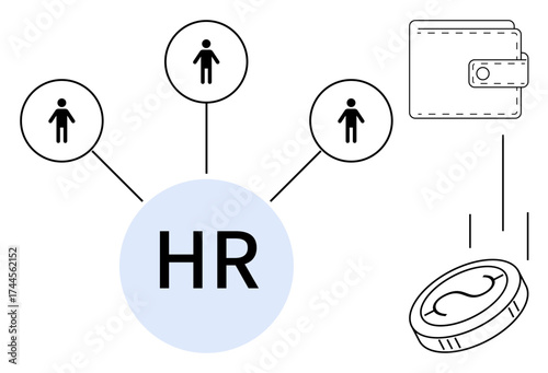 HR with connected team elements, wallet, and coin symbolizing human resources, payroll, team management, salary, finance, recruitment career growth. Ideal for corporate HR finance employment