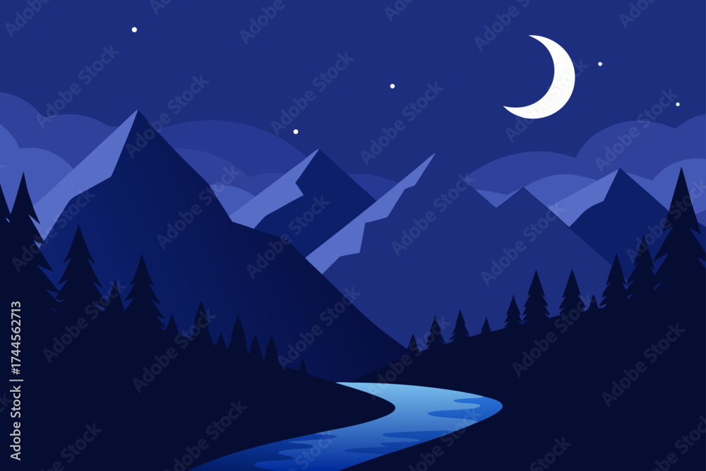 Naklejka premium Night landscape with mountains and river scenery view