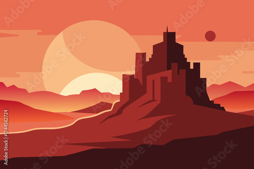 Desert landscape with castle and celestial objects
