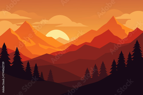 Illustration of a mountain range at sunset with trees