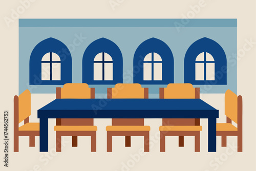 Dining room with table chairs and arched windows