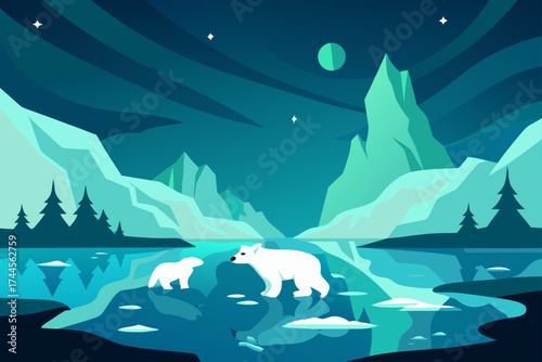 Polar bears in arctic landscape under the moonlight