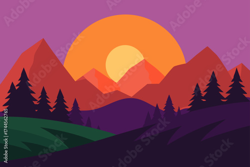 Landscape illustration of mountains and sunset view