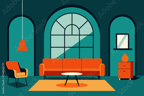 Interior scene with furniture and a large window