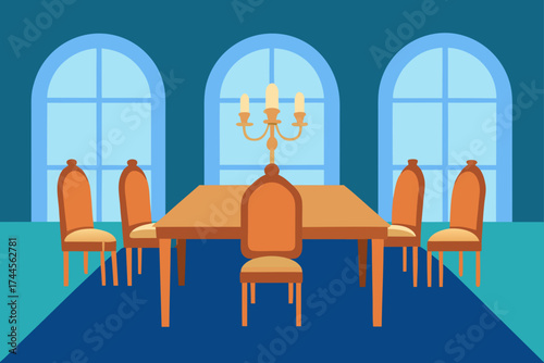 Illustration of a dining room with table and chairs