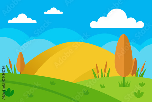Landscape with hills trees and clouds in bright colors