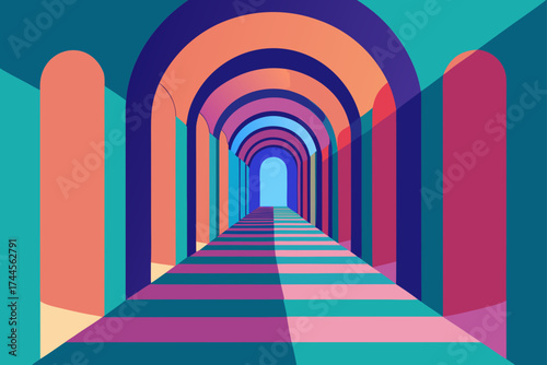 Perspective view of a colorful arched corridor way