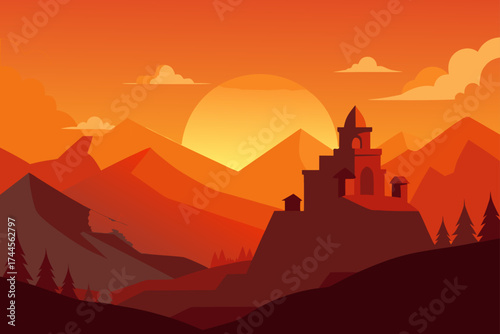 Castle silhouette against mountain sunset landscape