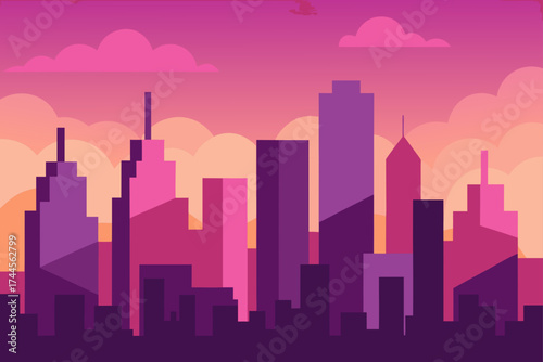 Cityscape silhouette against a colorful sunset sky