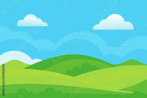 Cartoon landscape with green hills and cloudy sky