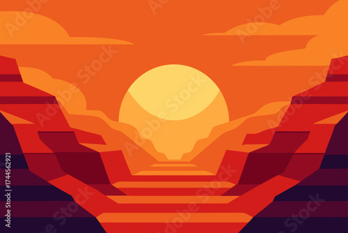 Illustration of canyon landscape with setting sun view