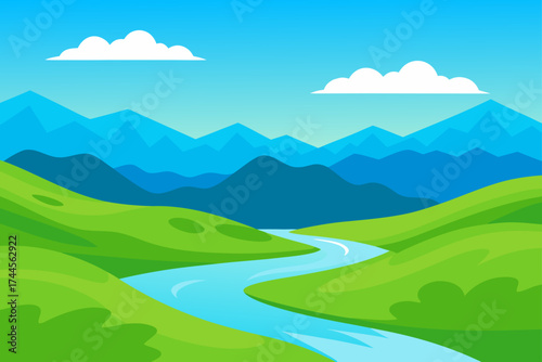 Landscape with river mountains and clouds illustration