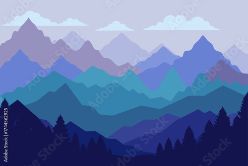 Illustration of layered mountains and forest scenery