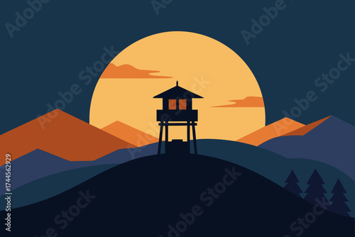 Silhouette of a tower on a hill with a sunset view