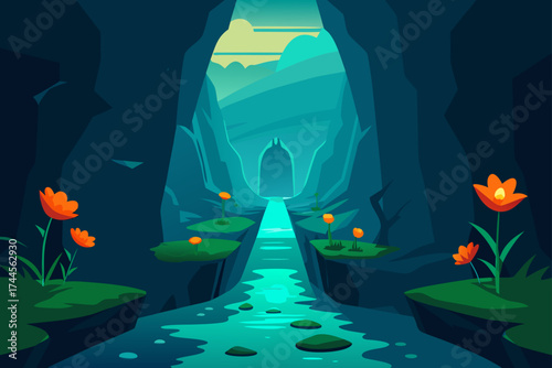 A river flows through a canyon with orange flowers