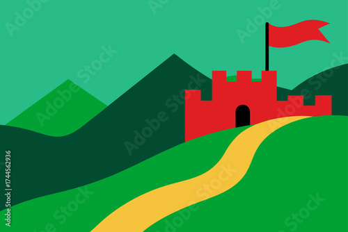 Red castle with flag on green hills landscape view