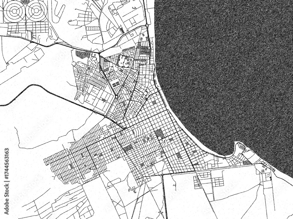 Obraz premium Poster-ready black and white illustration map of Puerto Madryn, Argentina, detailed and artistic.