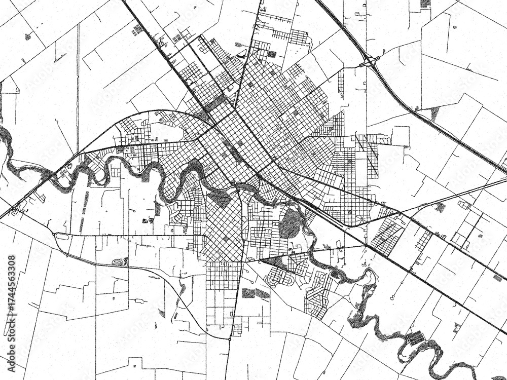 Fototapeta premium Black and white illustrated map of Villa Maria, Argentina, with streets, rivers, and neighborhoods.