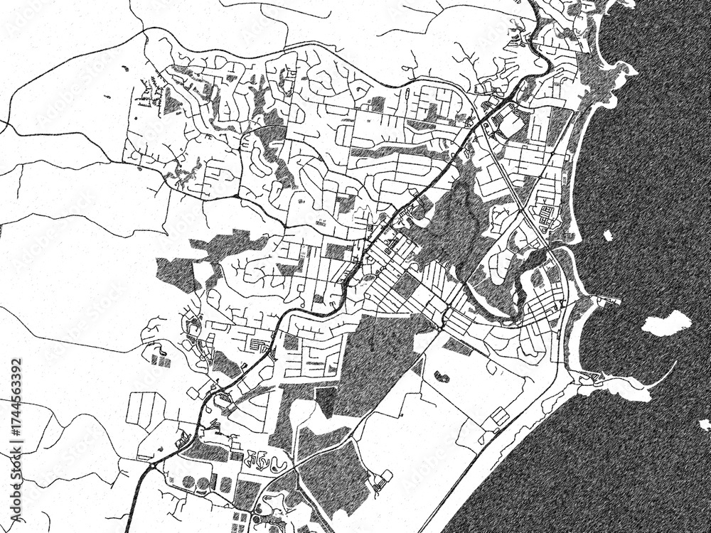 Obraz premium Minimal poster-style map of Coffs Harbour, Australia, hand-drawn style in monochrome.