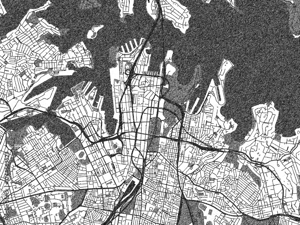 Obraz premium Detailed black and white map of Sydney center, Australia, in artistic sketch style.