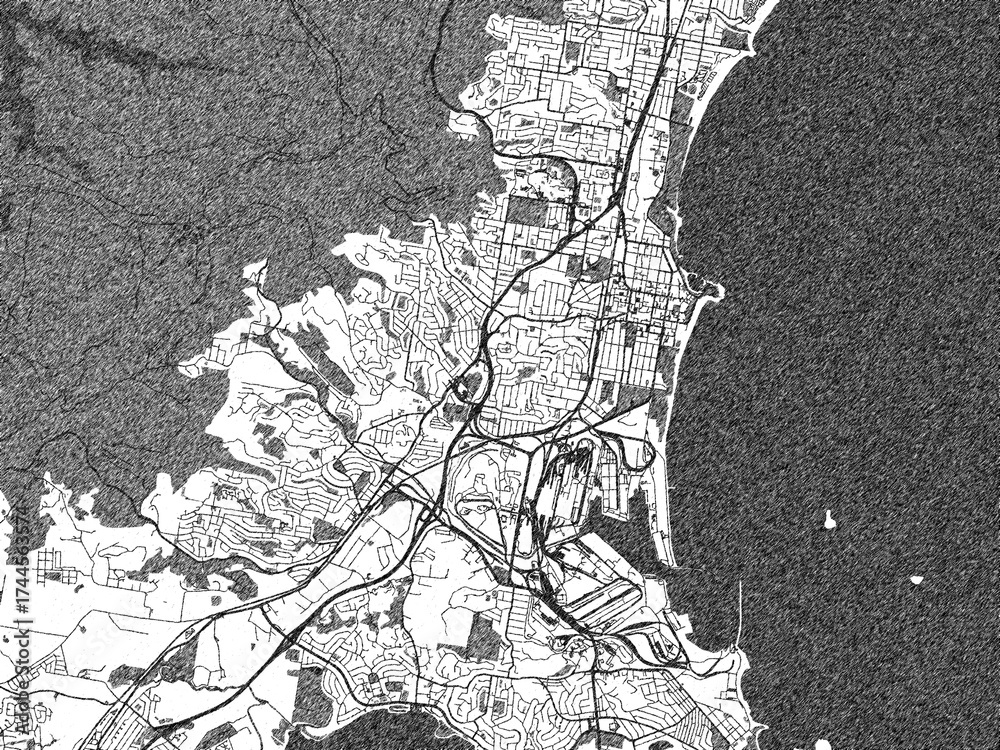 Fototapeta premium Minimalist monochrome city map of Wollongong, Australia, illustrated with urban detail.