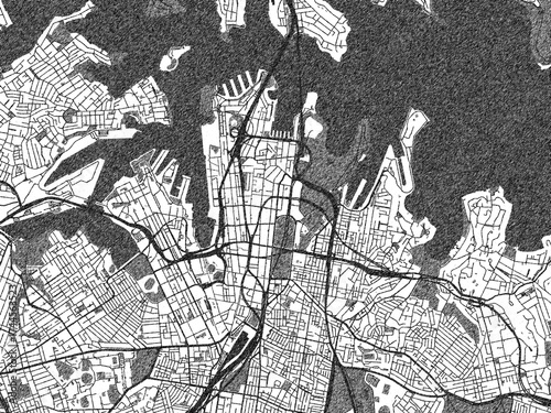 Photography Detailed black and white map of Sydney center, Australia, in artistic sketch style