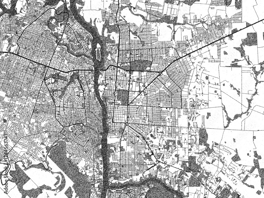 Obraz premium Illustrated map of Foz do Iguacu, Brazil, in black and white hand-drawn digital style.