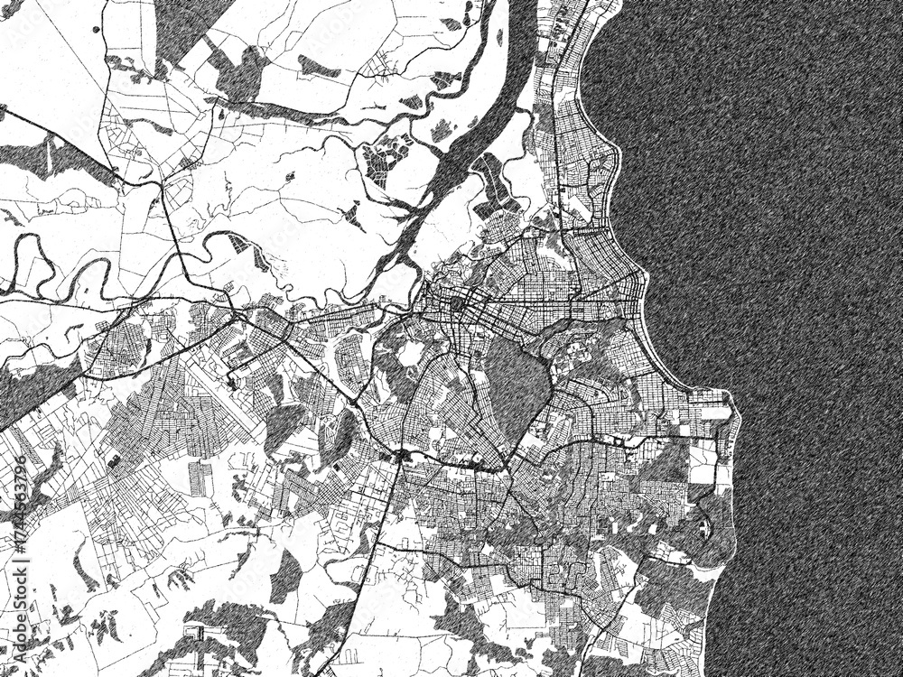 Fototapeta premium Hand-drawn style black and white city map of Joao Pessoa, Brazil, ready for wall art or editorial projects.