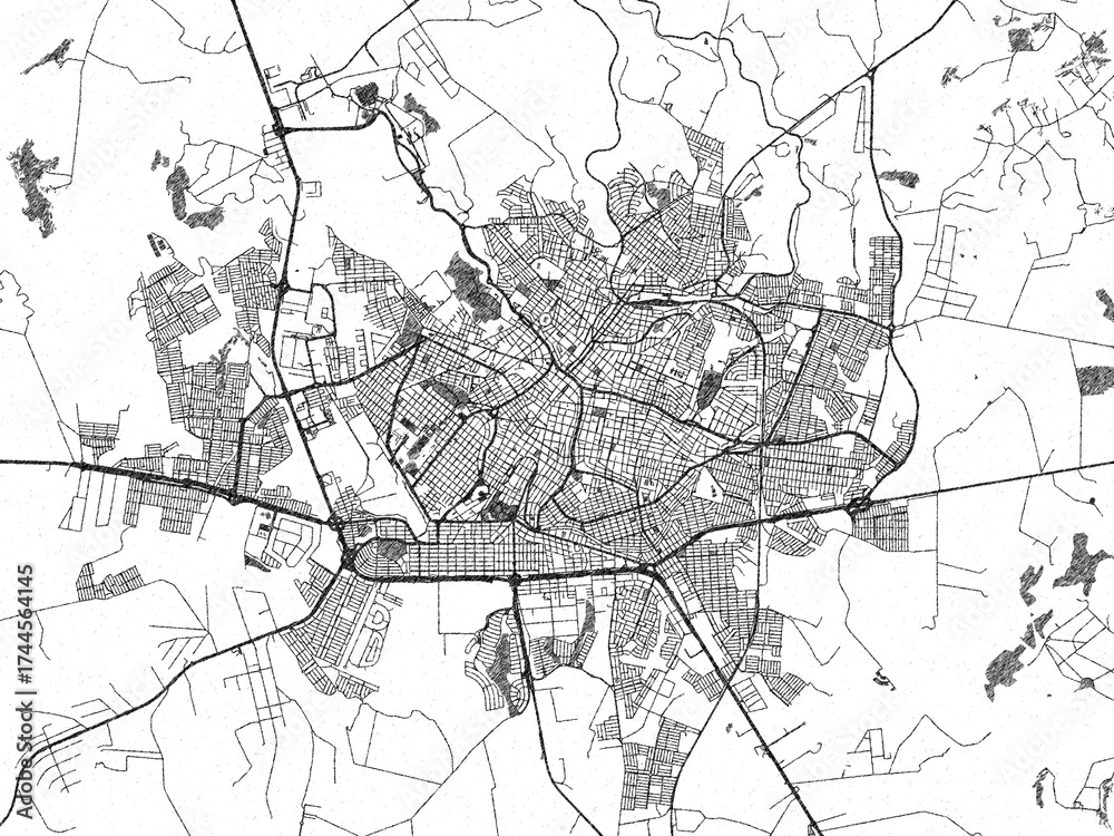 Obraz premium Illustrated city map of Uberaba, Brazil, in black and white, showing roads and textures.