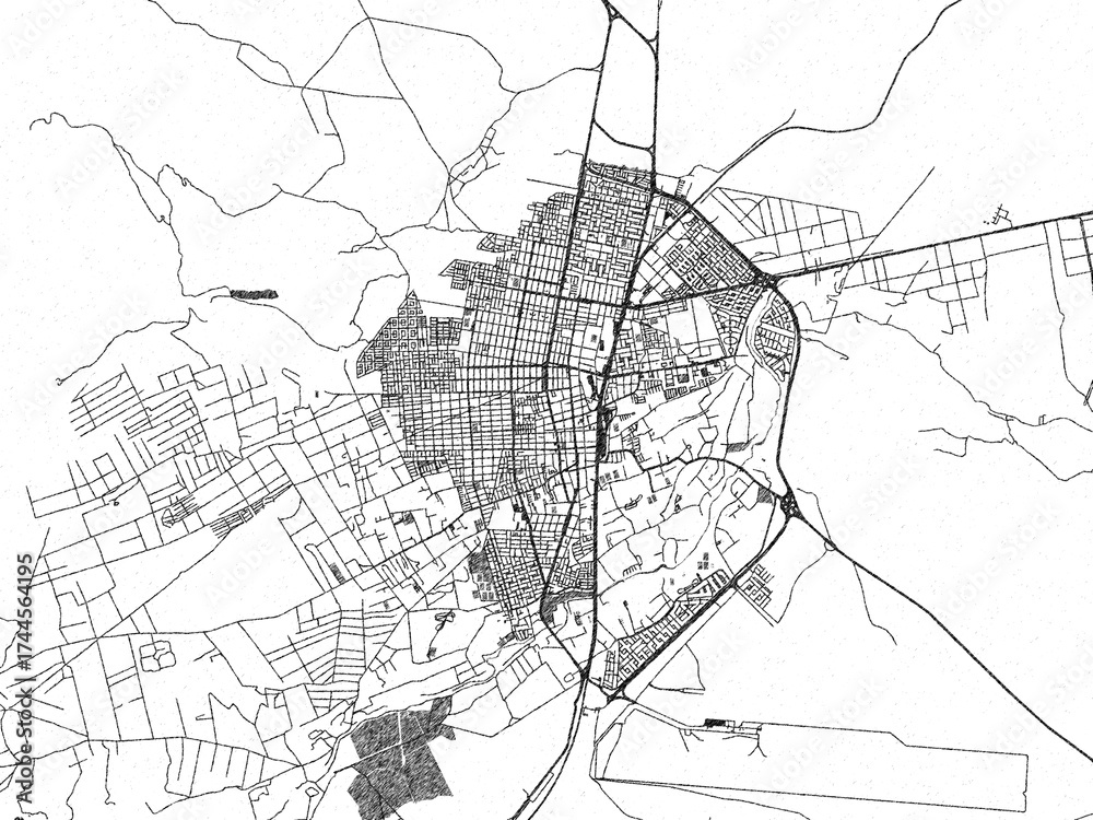 Obraz premium Detailed artistic sketch map of Calama, Chile, in monochrome black and white.