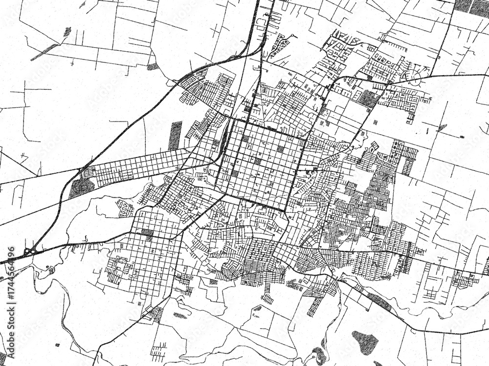 Fototapeta premium Decorative monochrome illustration of Chillan, Chile, showing its detailed grid.