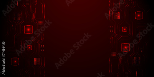Futuristic Red Circuit Board with Digital Patterns and Glowing Lights