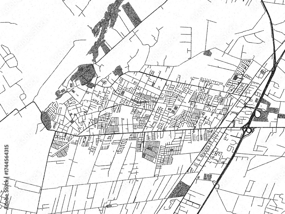 Naklejka premium Hand-drawn style black and white city map of Penaflor, Chile, with detailed streets and textures.